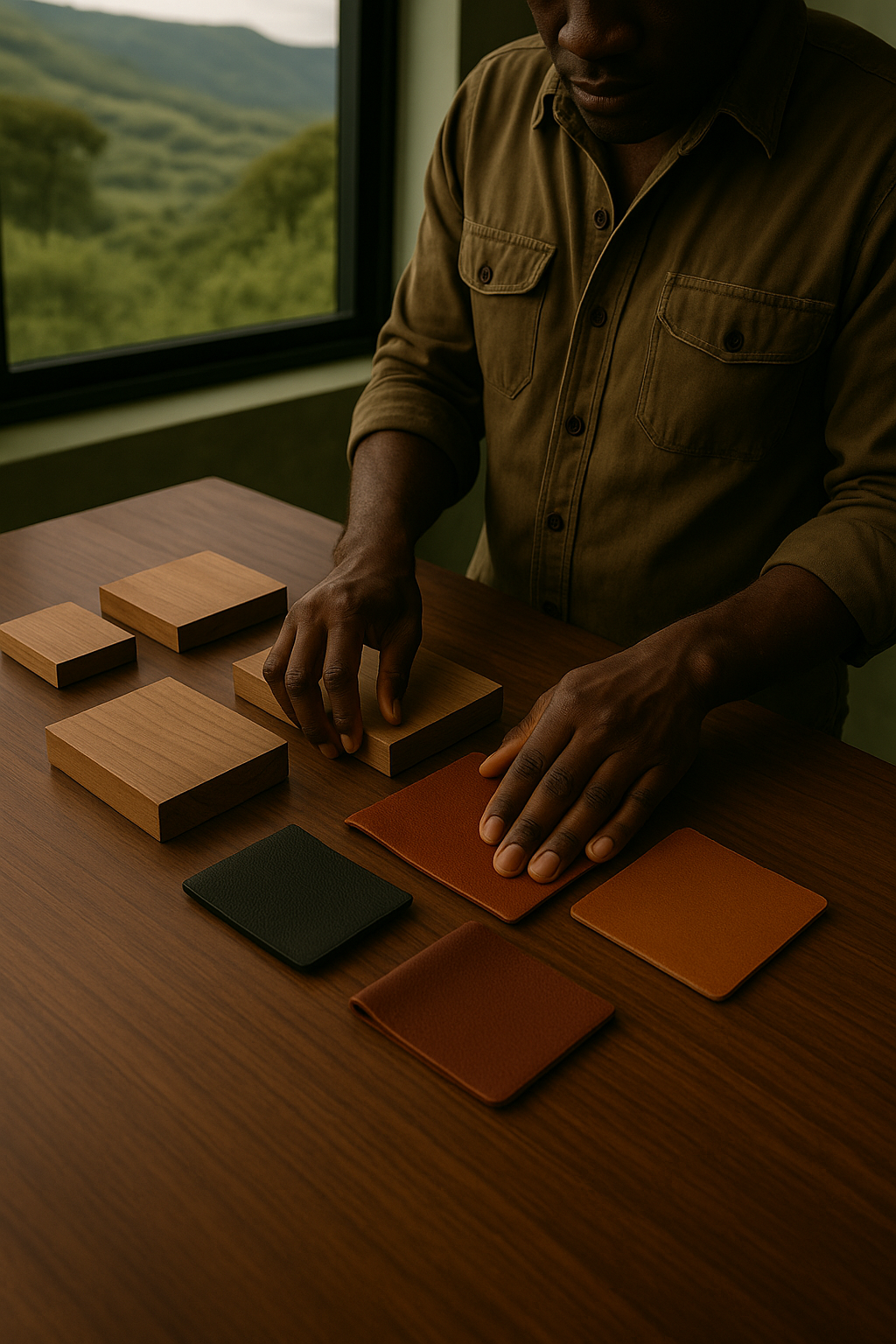 Artisan examining wood samples and leather swatches with Nigerian landscape in background