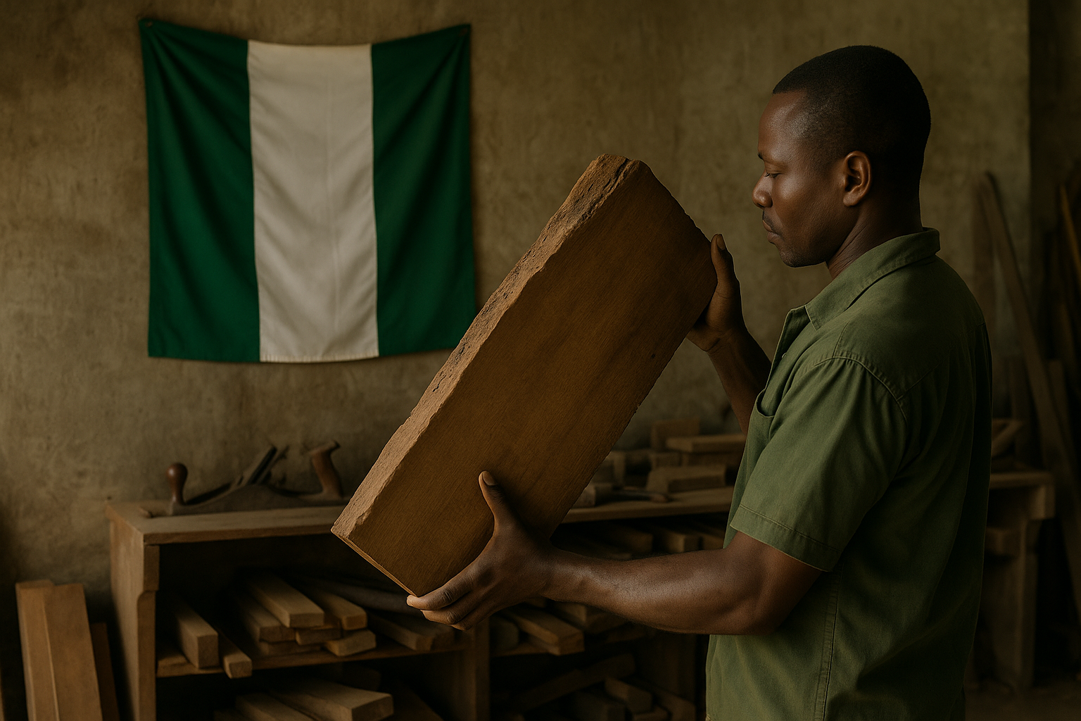 Nigerian craftsman examining premium wood in traditional workshop with Nigerian flag